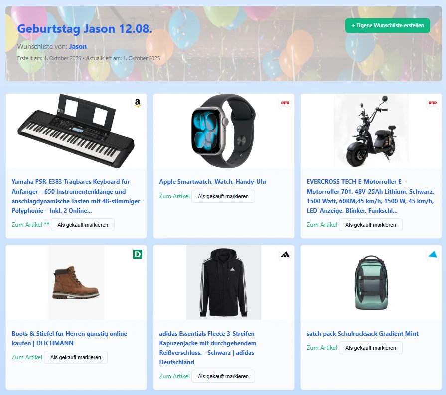 Beispiel einer Geburtstagswunschliste