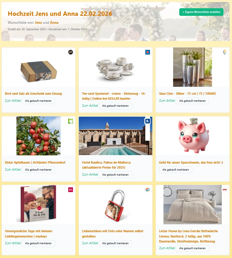 Beispiel einer Hochzeitswunschliste